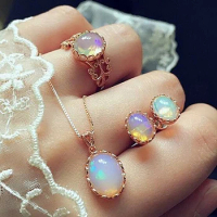 Elegant Aurora Oval Zircon Necklace Earring Ring Jewelry Set For Women Romantic Gold Plated Faux Opal Wedding Gift Accessories