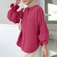 ZANZEA Women Muslim Abaya Kaftan Casual Loose Ruffle Bubble Sleeve Blouse