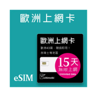 【citimobi】eSIM歐洲15天吃到飽-1GB日高速流量(歐洲網卡 吃到飽 歐洲 網卡 上網卡 瑞士 英國 黑山 eSIM)