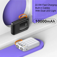 10000mAh Mini Power Bank Portable 22.5W Fast Charging External Battery Charger Powerbank With Cable LED Light For iPhone Xiaomi