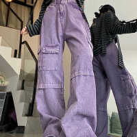 Vintage Purple High Waist Wide Leg Jeans Women 2024 Y2K Loose Casual Baggy Cargo Denim Pants Streetwear Big Pocket Trousers