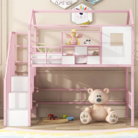 Metal Loft Bed with roof design and a storage box, Twin size bed，Family practical single bed for children, teenage bed