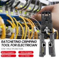 4 in 1 Ratcheting Crimping Tool with LED Tester Wire Crimpers Stripper Cutter Tester 8P/6P/4P Network Line Wire Crimping