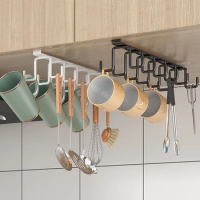 Punch-free Double-row Hooks Kitchen Under Cupboard Shelf Mug Cup Hanger Hook Iron Hanging Rack Holder Kitchen Cabinet Organizer