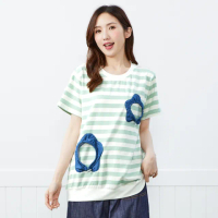 【betty’s 貝蒂思】牛仔花花抽繩條紋T-shirt(藍綠色)