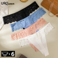WarmSteps 6Pcs/Set Women's Thongs Panties Soft Lace Ruffles G-String Female Underwear Plain Seamless Ice Silk Thongs for Woman