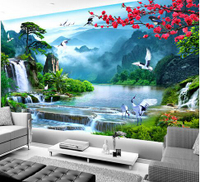 中式風景裝飾壁畫電視背景墻壁紙山水畫客廳3d影視墻紙迎客松墻布
