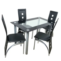 110cm Dining Table Set Tempered Glass Dining Table with 4pcs Chairs Transparent &amp; Black Dining Table Dining Chair