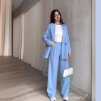 Tesco Sky Blue Casual Suit Blazer For Women Lapel collar Jacket Wide Leg Pants For Spring Summer Thin Office Pant Sets 2024