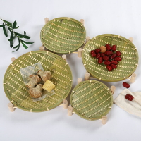 竹編托盤饅頭筐水果盤桌面竹籃子帶架子點心籃竹青編織創意竹製品