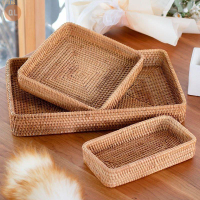 手工編織藤製儲物籃柳條方形托盤野餐籃扁麵包