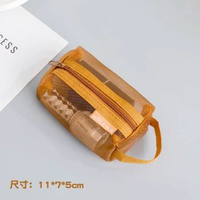 電話零銀包飾品禮物透明尼龍收納包加厚網紗便攜旅行分裝零銀包卡充電線耳機線鑰匙手指盾雜物多功能化妝袋-【焦糖棕】方形款1個 均碼-款式37