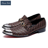 British Gingham Party Men Evening Shoes Real Leather Monk Strap Business Shoes Man Pointed Toe Formal Office Shoes Plus Size