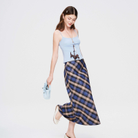 DOTTIE - Chân Váy Midi Kẻ Ô Xanh Dương S0295 Chất Liệu Bố Pha Đứng Phom Thoáng Mát Size S M L