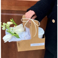 20pcs Kraft Paper Coffee Drinks Takeaway Holder Box Flower Bouquet Arrangement Container with Handle Florists Packaging Material