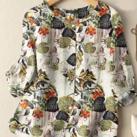 ZANZEA Women Summer Tops Casual Bohemian Ruffles Tunic Shirt Work Blusas Mujer Vintage O Neck 3/4 Sleeve Floral Printed Blouse