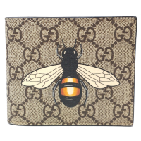 【GUCCI 古馳】451268 經典雙GG Supreme 蜜蜂印花摺疊短夾(棕色)