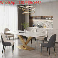 Luxurious Kitchen Table In Rectangle Marble Desk Top Stainless Steel Golden Finish 6 People Luxury Dining Table And Chair Set