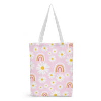 Canvas Bag Daisy Flower And Pink Print Canvas Bag Lightweight Shoulder Bag Versatile Shopping Bag Holder Handbag