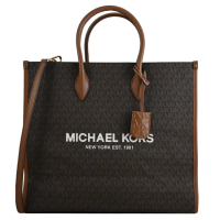 【Michael Kors】MIRELLA 經典MK印花拼接手提超大旅用包兩用包托特包(深咖)