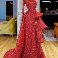 Elegant Red One Shoulder Mermaid Evening Party Gowns High Side Slit Formal Cocktail Dresses Sequins Evening Prom Dance Gowns