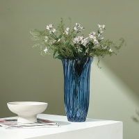 海洋流線藍色直筒寬口透明玻璃花瓶 室內軟裝玻璃擺件水培花器