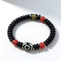 Natural Black Agate Disc Dzi Mantra Bracelet, Handmade Red Accent Protection Wristband, Healing Spir