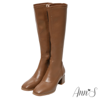 Ann’S有彈性的全素面粗跟及膝長靴5cm-棕