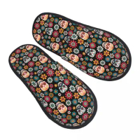 Mexican Sugar Skull House Slippers Women Comfy Memory Foam Halloween Day Of The Dead Slip On Hotel Slipper Shoes