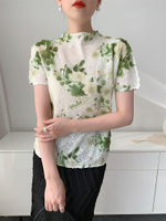 S-546 #   One Size (45-75kg) Miyake Style Summer Pleated Top Women Print Ruched T-Shirt Half High Ne