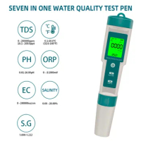7 in 1 Salinity/PH/TDS/EC/ORP/SG/TEMP LCD backlight Water Quality Meter Tester IP67 Pen Type for Food, Farming, Fish Pond,Soup