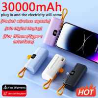 30000mAh Mini Power Bank Built in Cable PowerBank Digital display External Battery Portable Charger For iPhone Samsung Xiaomi
