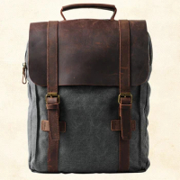 Men's backpack, leather, military canvas travel bag, male and female student large capacity backpack, business computer backpack