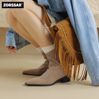 Large Size 32-48 Women Cowboy Boots Ankle Boots Nubuck Leather Chunky Heel Woman Shoes Slip-on Fashion Suede Female Short Boots