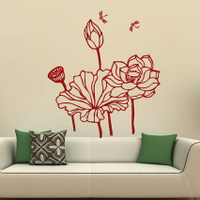 荷花蓮藕蜻蜓墻貼紙 客廳書房玄關中式裝飾背景貼 中國風植物墻畫1入
