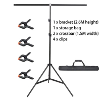 2.6M/2M Tall Photo Background T-shape Adjustable Backdrop Support Tripod Stand Kit With Cross Bar And 4 Clamps For Hang Screen