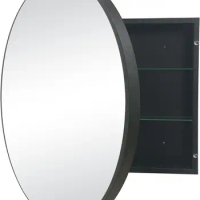 Round Medicine Cabinet Circular Bathroom Mirror Cabinet | Wall Surface Mounted Storage Cabinet |Black Framed Mirrored Door