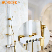 Bathroom Shower Set White Gold Bath Shower System Rainfall Hand Shower Head Square Shower Arm Brass Bathroom Shower Mixer Set