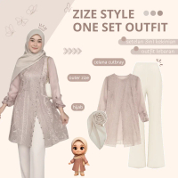 Setelan Wanita One Set | Tunik Brukat + Celana Cutbray + Kerudung | Outfit Style 1 Set Cewek Kece - 