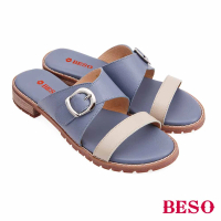 A.S.O 阿瘦集團 BESO 質感牛皮跳色大圓楦低跟拖鞋(藍色)