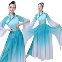 Hanfu Dance Costume Female Fan Dance Folk Style Dance Costume Hmong Clothes Chinese Folk Dance Costume for Woman Blue