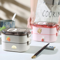 ????พร้อมส่ง????กล่องข้าว ปิ่นโต 2 ชั้น DIYสติ๊กเกอร์ฟรี 2D+3D พร้อมช้อนส้อม