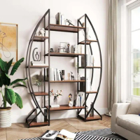 Oval Bookshelf 5 Tier Industrial Bookcases, Free Standing Tall Bookshelves Storage for Books, Farmhouse Wood and Metal Display