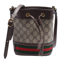 GUCCI 古馳 經典Ophidia帆布印花綠紅綠織帶皮革飾邊束口水桶包(迷你-烏木色)