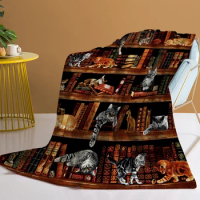 Bookshelf And Cats Feather Printed Throw Blanket Plush Fluffy Flannel Fleece Blanket Soft Throws for Sofa Couch and Bed