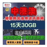 【星光卡 STAR SIM】白金中港澳上網卡15天30GB總量 用完降速吃到飽(旅遊上網卡 中港澳 網卡 日本網路)