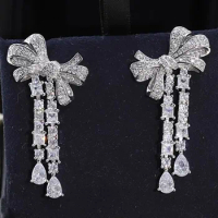 Custom Solid 18K White Gold Women Hook Drop Earrings Bowknot Tassels Water Drop Moissanite Diamonds Wedding Party Anniversary
