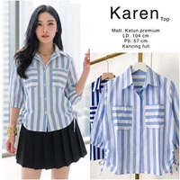 Atasan kemeja motif garis wanita lengan karet LD. 104 - KAREN TOP Biru tua