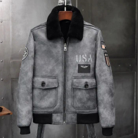 Mens Gray Sheepskin Shearling Jacket Leather Jacket A2 Airforce Flight Coat Mens Winter Fur Jacket