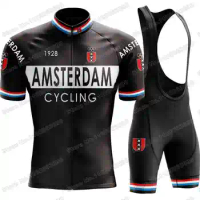 Vintage Amsterdam Team Cycling Jersey Set Netherlands Retro Cycling Clothing Men Road Bike Shirt Suit Bicycle Bib Shorts MTB